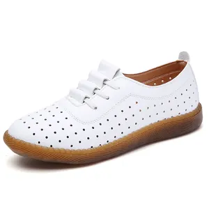 Women's white perforated loafers with soft anti-slip rubber sole for spring casual wear