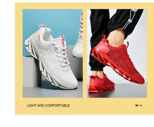 Close-up detail of lightweight mesh running shoes featuring unique blade-style soles in white and red