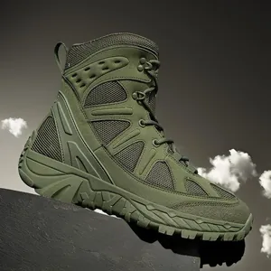 High-quality olive green men's tactical boots for rugged outdoor camping and desert training.
