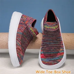 Lightweight breathable knit slip-on sneakers with wide toe design in colorful pattern
