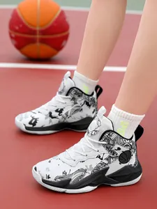 Boys high-top basketball shoes with graffiti pattern leather upper for sports training