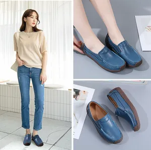 Casual blue cowhide leather loafers for women shown with model and detail views