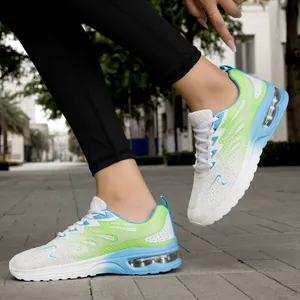 Side view detail of women's fly-knit running shoes with shock-absorbing air cushion sole