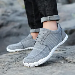 Breathable grey mesh outdoor walking shoes featuring wide-toe barefoot loafer design