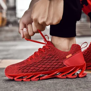 Red breathable flyknit running shoes with blade sole for gym and casual wear