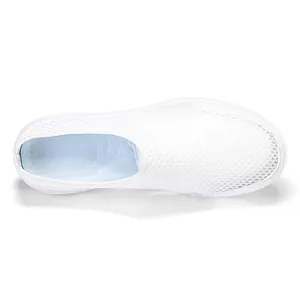 Bird's eye view of white breathable fly-knit mesh slip-on sneakers for men's casual wear.