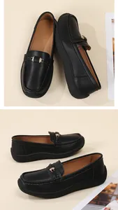 Vue multi-angles de mocassins confortables en cuir noir avec boucle scintillante.