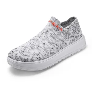 Lightweight breathable knit slip-on sneakers featuring a wide toe box and white sole
