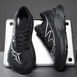 Detailed look at black mesh running shoes with silver flame pattern and wide toe