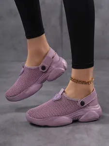 Purple breathable mesh clogs for women with a thick non-slip sole and back strap