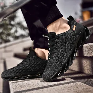 Breathable black blade running shoes for men with fly-knit mesh and shock-absorbent sole.