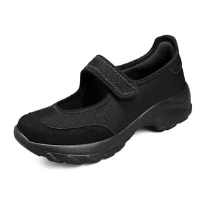 Chaussures de marche Mary Jane grande taille confortables en maille noire avec scratch