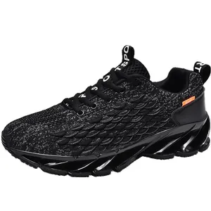 Breathable black flyknit men's running shoes with scale texture and wavy cushioned sole
