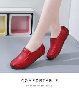 Red pebbled leather flat loafers for women featuring a comfortable casual slip-on design.