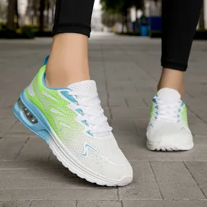 Women's air cushion running shoes with breathable knit mesh and green gradient design