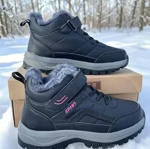 Warm black fur-lined winter snow boots with waterproof upper and durable non-slip sole