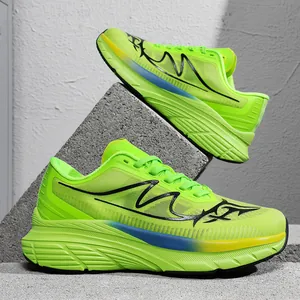 Detailed view of breathable neon green mesh running shoes with a thick cushioning sole