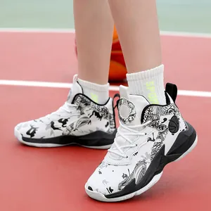 Boys' high-top basketball shoes with stylish black and white graffiti print on outdoor court