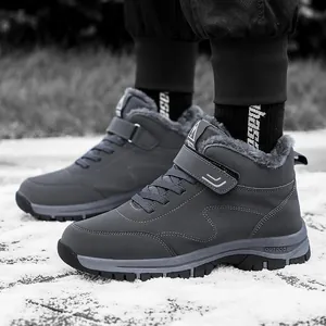 Grey high-top winter boots with fleece lining and velcro strap for outdoor walking