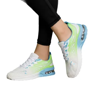 Breathable women's air cushion running shoes with fly-knit mesh and shock-absorbing sole.