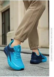 Outdoor shot of blue wide-toe box running shoes for mountain trails and daily exercise