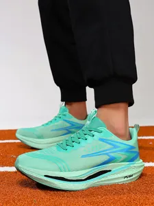 Detailed side view of mint green professional carbon plate running shoes for men