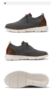 Detailed view of grey breathable flyknit business casual shoes with white non-slip sole.