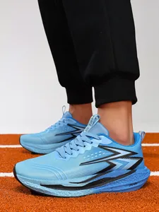 Detail of professional blue carbon plate running shoes for men with shock absorption