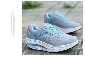 Stylish grey and blue rocker walking shoes with thick wedge platform soles for women