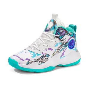 High-top boys basketball shoes with colorful graffiti patterns and leather surface