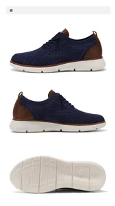 Detailed view of navy knit business casual shoes with breathable mesh and white outsole
