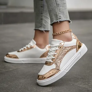 Women Fashion Platform Sneakers Sequin Color Block Casual White Shoes PU Leather Lace Up Board Shoes Spring Autumn Outdoor