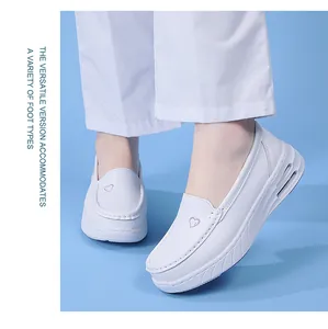 Detailed close-up view of white air cushion nurse shoes with heart embroidery patterns