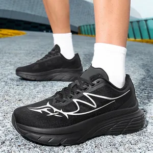 Black men's wide-toe mesh running shoes with cushioning thick soles for daily sports