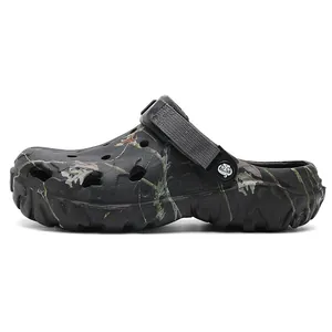 Camouflage outdoor clogs with adjustable strap and breathable holes for beach wear.