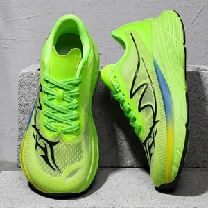 Neon green wide toe running shoes with breathable mesh and cushioning.