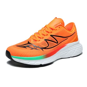 Vibrant orange mesh men's running shoes featuring wide toe design and cushioned white sole