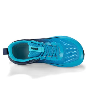 Top view detail of bright blue wide-toe barefoot running shoe with mesh upper