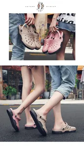 Detailed view of stylish non-slip garden clogs for couples with thick soles in pink and khaki