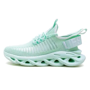 Breathable mint green fly-knit blade running shoes for men with stylish hollow sole