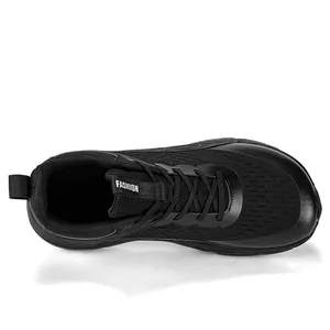 Top view of black wide-toe-box barefoot running shoes with mesh upper and lace-up design