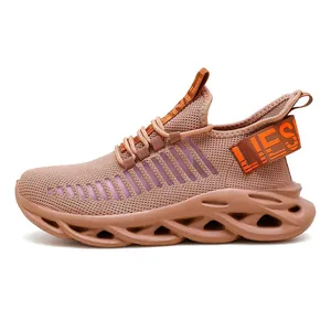 Professional men's breathable fly-knit running shoes featuring stylish wavy blade sole in orange