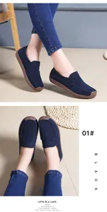 Detailed views of dark blue suede flat loafers with durable textured rubber soles