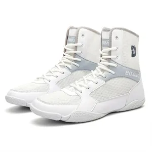 Professional high-top boxing wrestling shoes with breathable mesh in white and grey