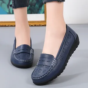 Women Hollow Out Split Leather Loafers Casual Slip On Flat Shoes Breathable Nurse Moccasins Round Toe Soft Daily Walking Shoes