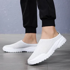 Detailed view of white breathable mesh slip-on loafers for men in casual style