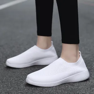 White flying woven elastic sock sneakers with lightweight flat soles