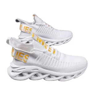 Stylish men's breathable white mesh blade running shoes with yellow text details
