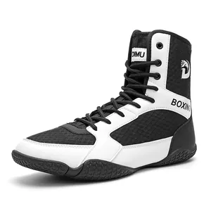 Professional high-top boxing and wrestling shoes with breathable mesh in black and white
