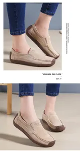 Detailed view of comfortable women's beige leather loafers with textured rubber soles